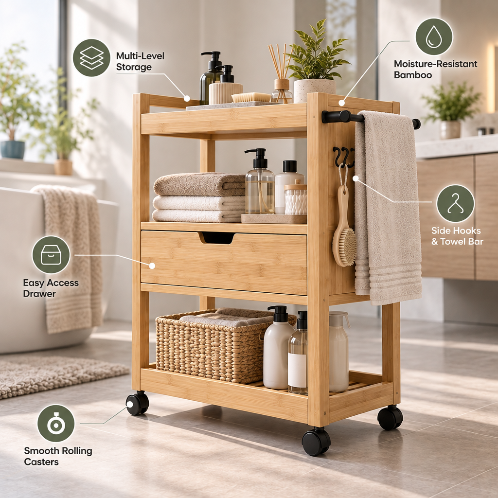 Orvellasy™ Rolling Bamboo Bathroom Storage Cart - key features
