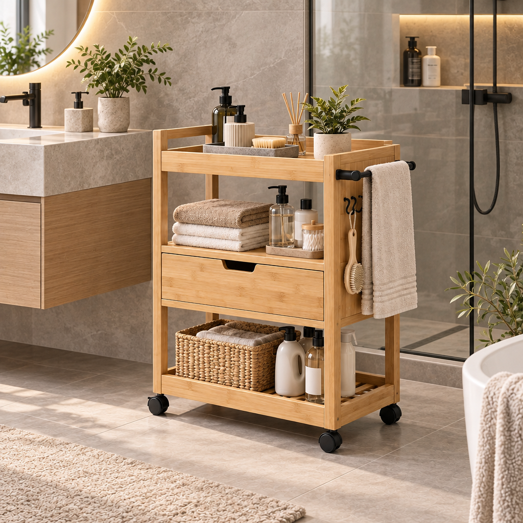 Orvellasy™ Rolling Bamboo Bathroom Storage Cart - bathroom scene