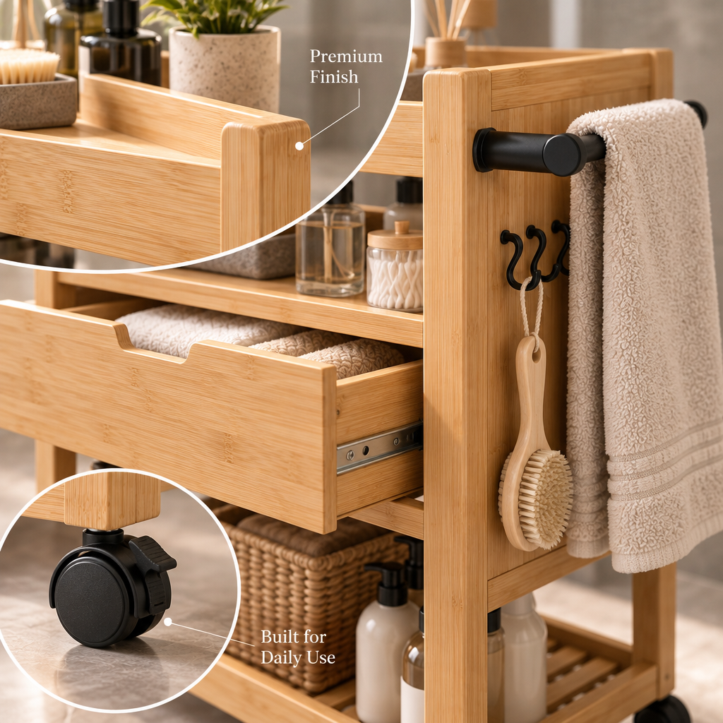 Orvellasy™ Rolling Bamboo Bathroom Storage Cart - detail view