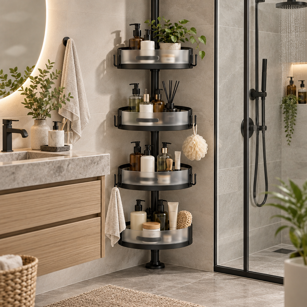 Orvellasy™ 4-Tier Tension-Pole Shower Caddy \ - bathroom scene
