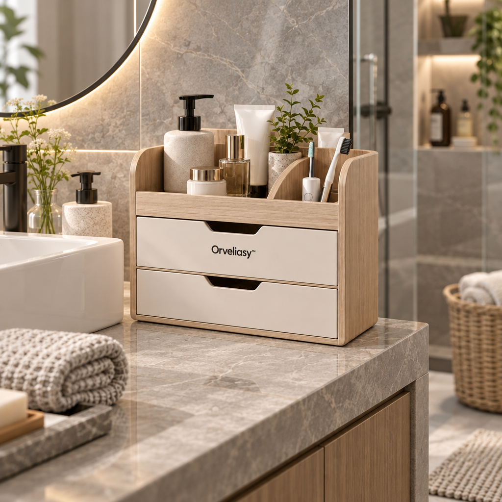 Orvellasy™ Wooden Bathroom Countertop Organizer \ - bathroom scene