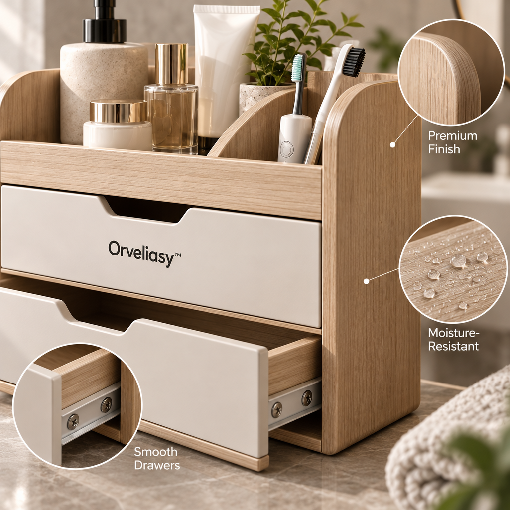 Orvellasy™ Wooden Bathroom Countertop Organizer \ - detail view