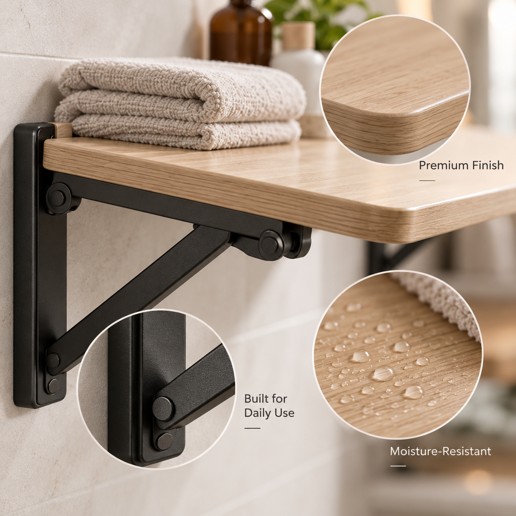 Orvellasy™ Wall-Mounted Folding Bathroom Shelf \ - detail view