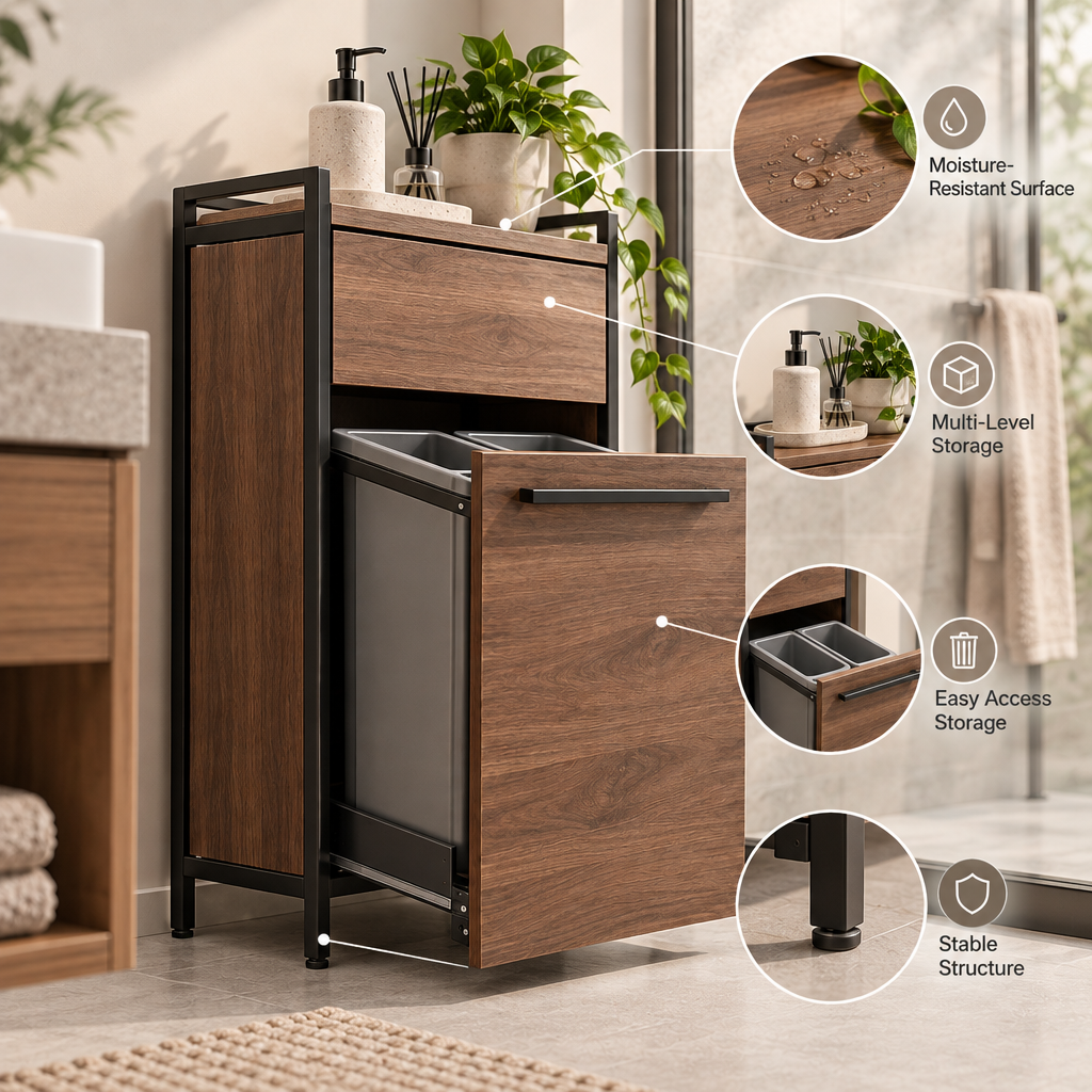 Orvellasy™ Bathroom Pull-Out Waste Bin Cabinet \ - key features